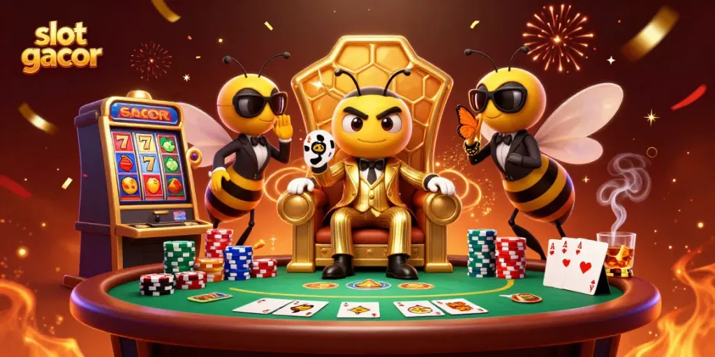 Experience the excitement of slot gacor with a vibrant casino scene featuring a unique mob boss.