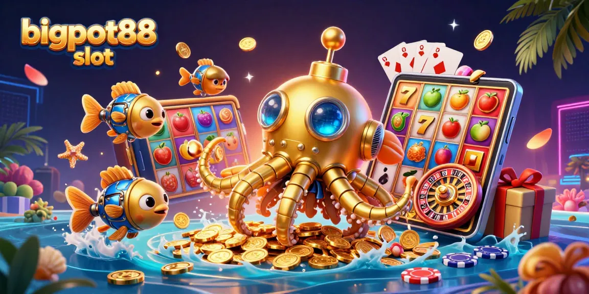 Menangkan jackpot saat bermain bigpot88 slot dengan monster kraken muncul dari lautan koin emas.