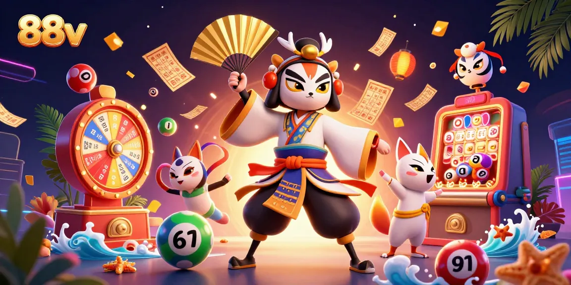 88vv gambles with vibrant, energetic lottery elements, showcasing dynamic casino excitement and interaction.