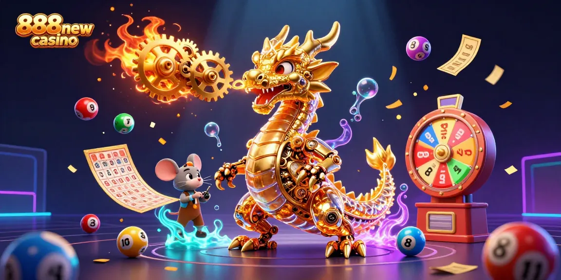 Experience the thrill of 888new casino with a dynamic scene featuring a golden dragon and colorful lottery elements.