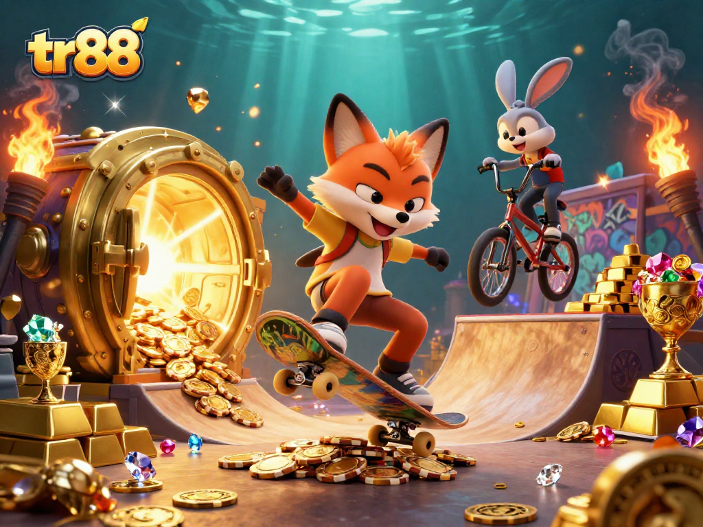 Experience thrilling gaming adventures with tr88, featuring vibrant cartoon characters amidst a dazzling casino scene.
