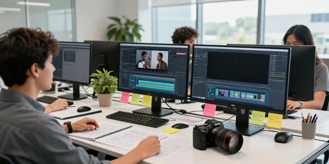 Collaborative workspace showcasing an affordable AI video creation tool in use with team members brainstorming and editing.