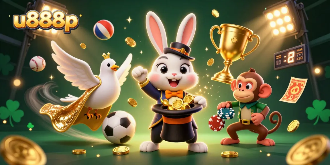 Join the fun at u888p with a magician rabbit, dazzling dove, and playful monkey in a vibrant casino scene.