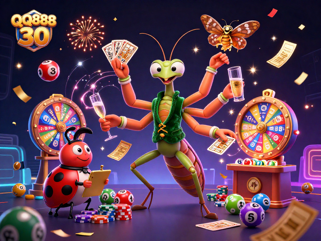 Experience QQ888 30 with this vibrant scene of a giant mantis card sharp dealing cards and celebrating.