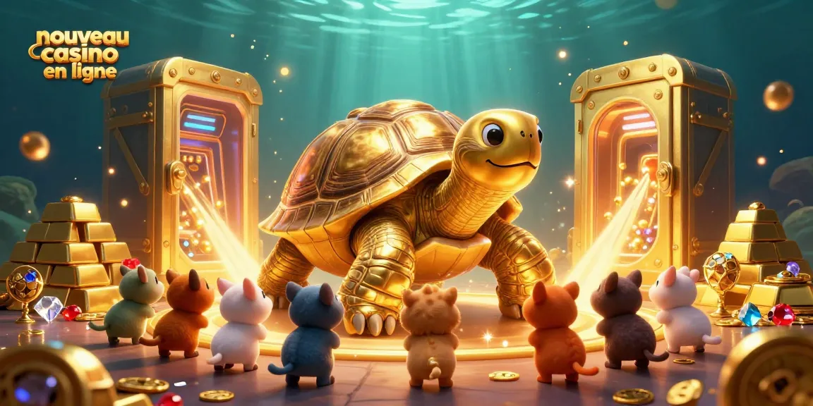Illustration 3D d'un nouveau casino en ligne avec tortue dorée et ingrédients lumineux.