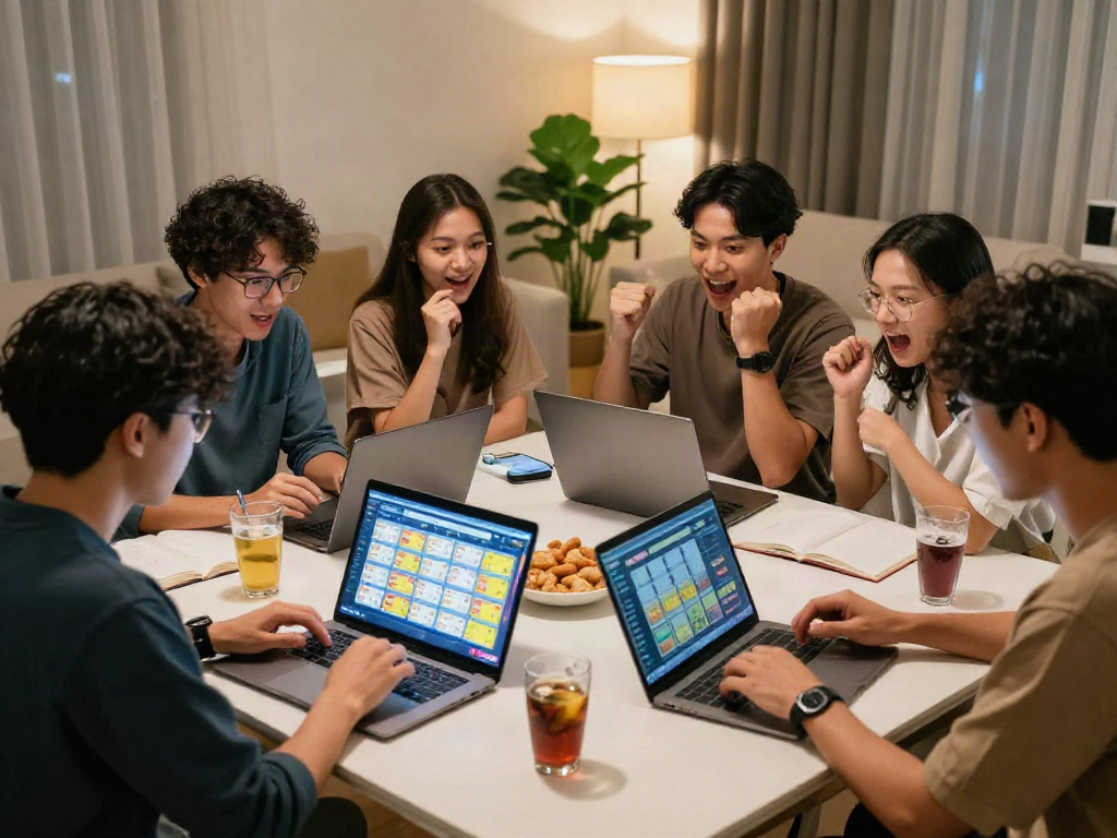 Friends enjoying togel online in a cozy setting with laptops and mobile devices