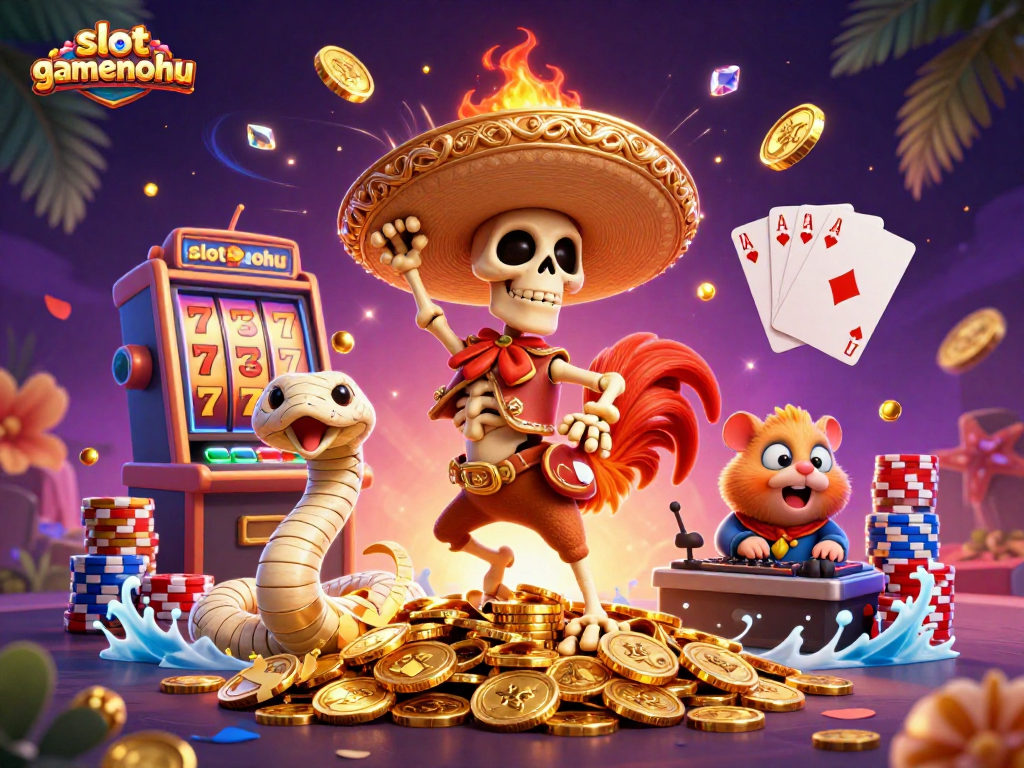 Experience thrilling slots at slotgamenohu with a vibrant 3D casino illustration featuring characters and jackpot elements.